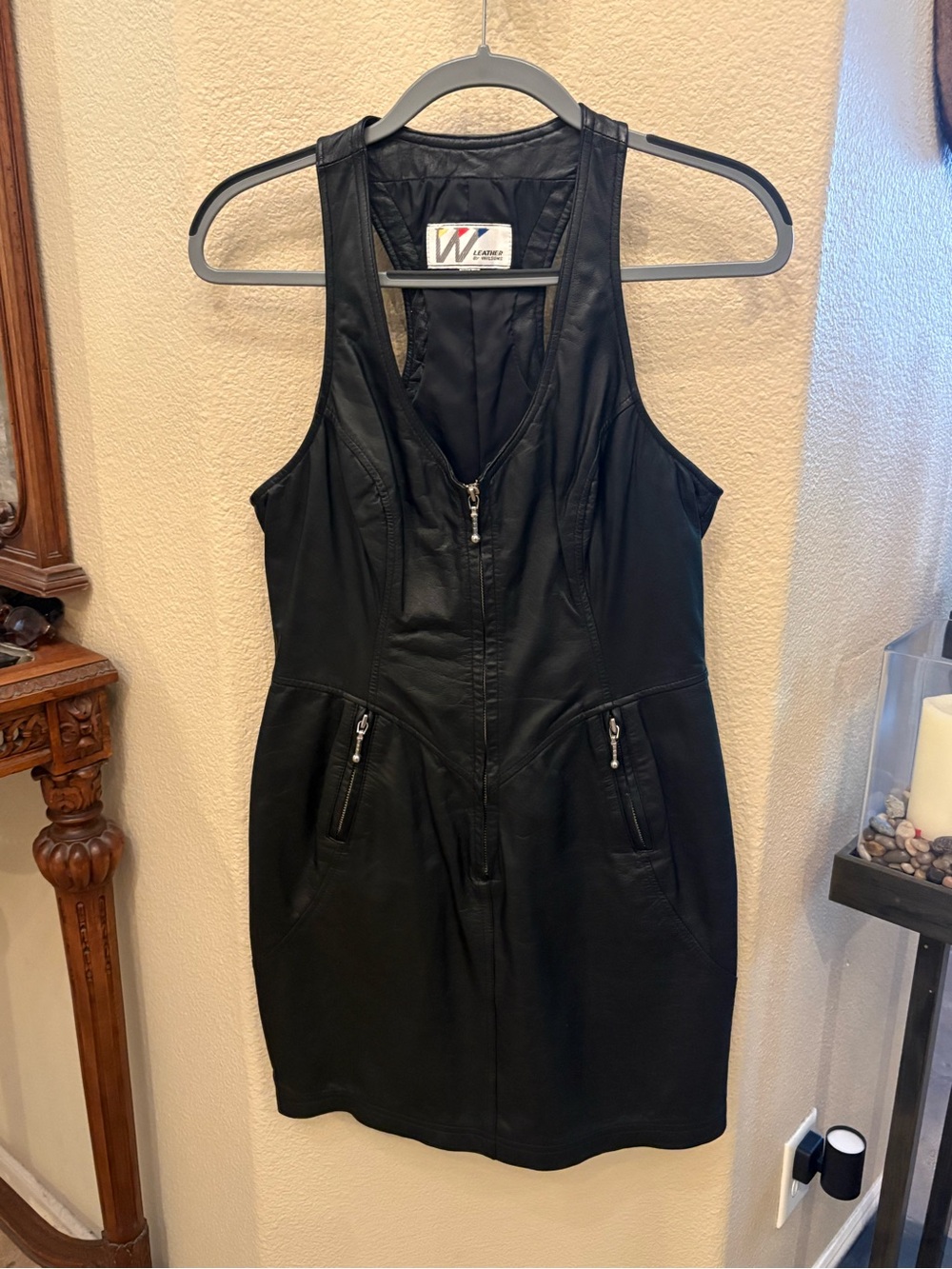 Vintage WILSON Black Leather Zip-Front Sleeveless Y2K Mini Dress Size Large